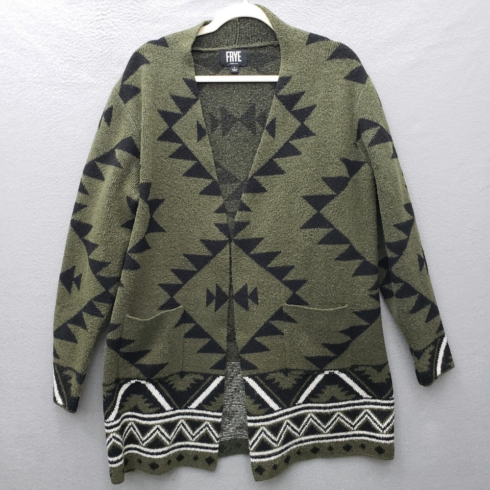 Frye Open Front Cardigan Sweater Olive Green Southwestern Print Cozy Fall Size L